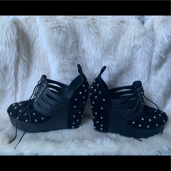 5"Black Spiky Punk Platform Laced Up Ankle Booties - Picture 2 of 8